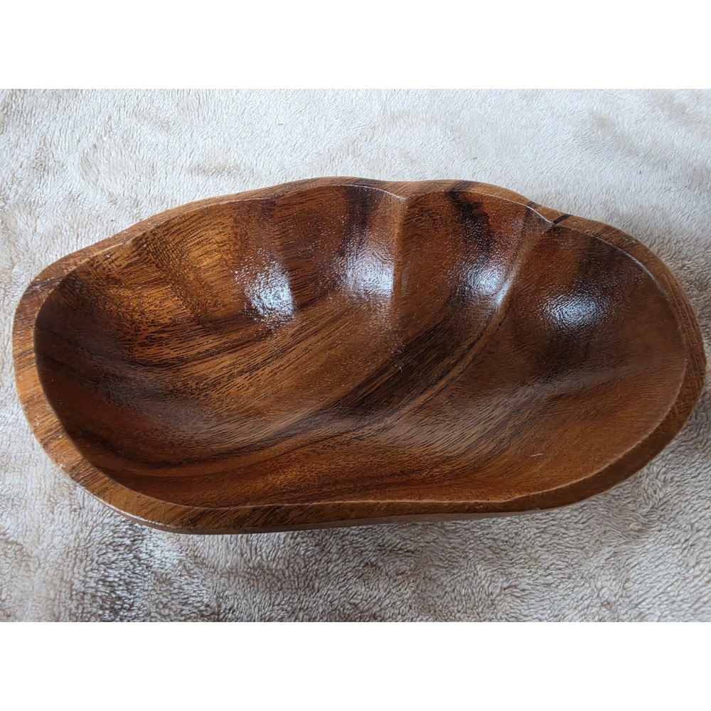 Vintage Hand Carved Wood Scalloped Catchall Bowl Organic Wave Edge Brown Decor